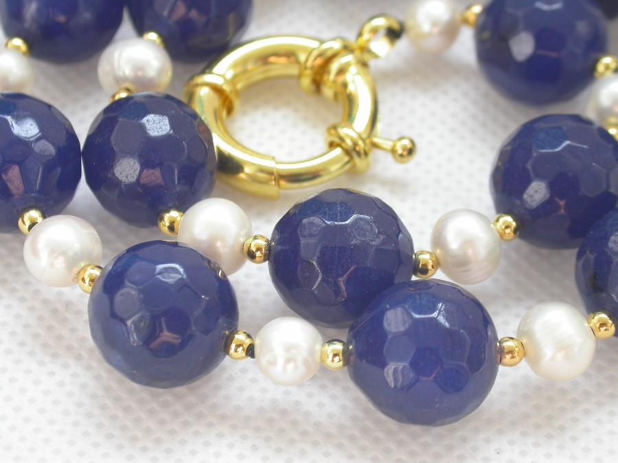 natural 18" 14mm round diced faceted navy blue jade white pearls necklace c1433