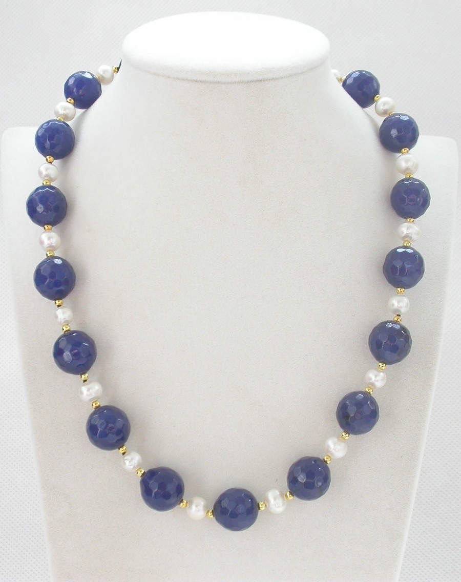natural 18" 14mm round diced faceted navy blue jade white pearls necklace c1433