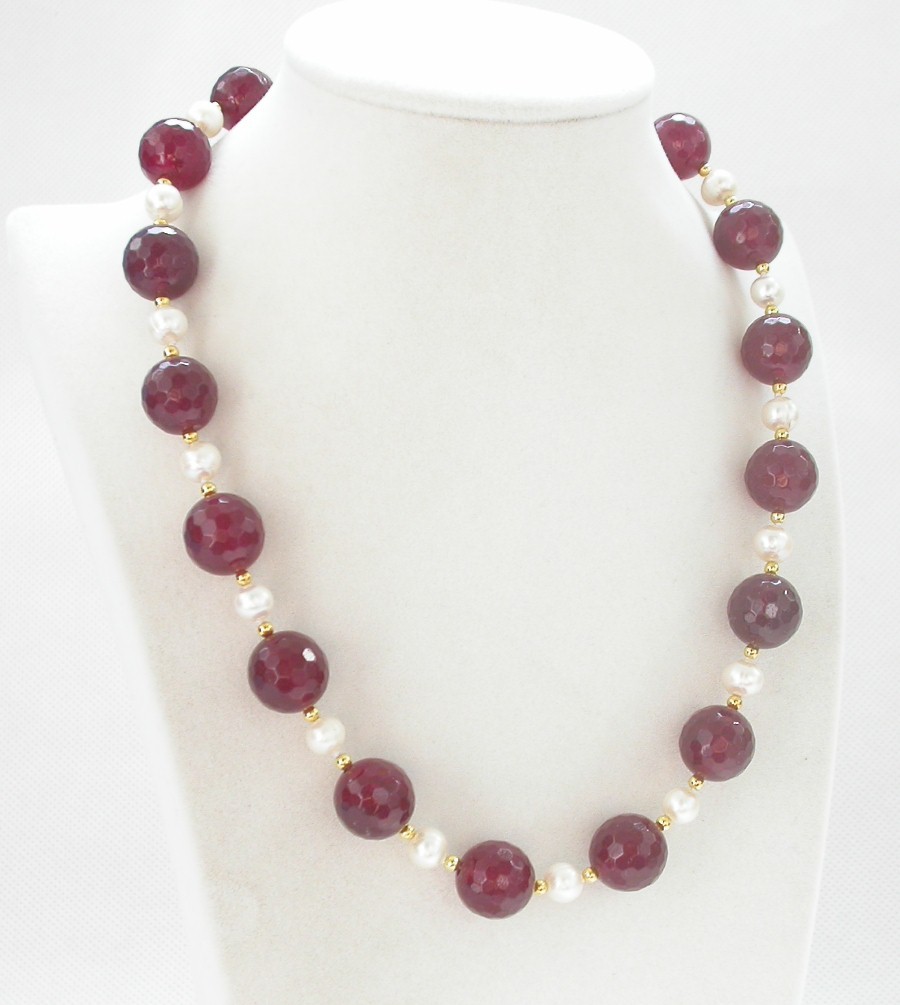 natural 18" 14mm round diced faceted red jade white pearls necklace c1434