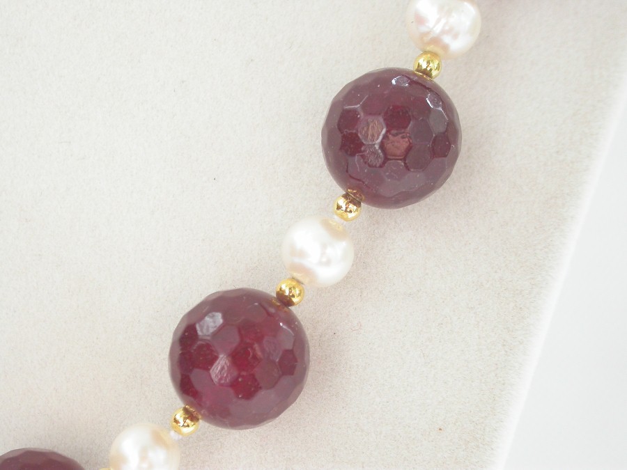 natural 18" 14mm round diced faceted red jade white pearls necklace c1434