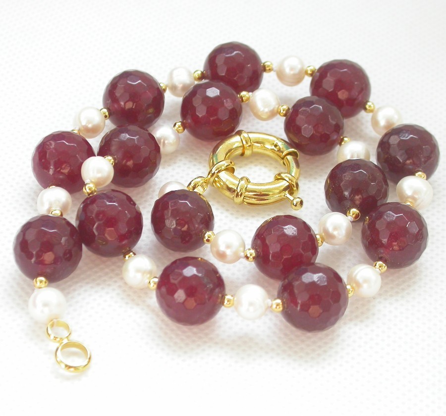 natural 18" 14mm round diced faceted red jade white pearls necklace c1434