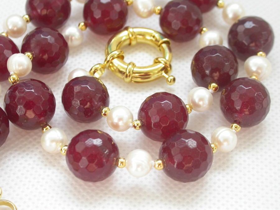 natural 18" 14mm round diced faceted red jade white pearls necklace c1434