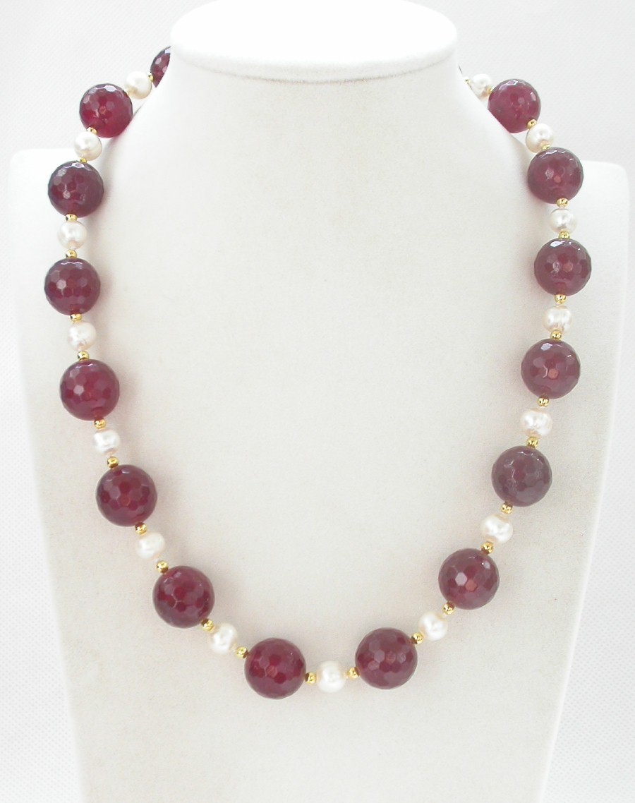 natural 18" 14mm round diced faceted red jade white pearls necklace c1434