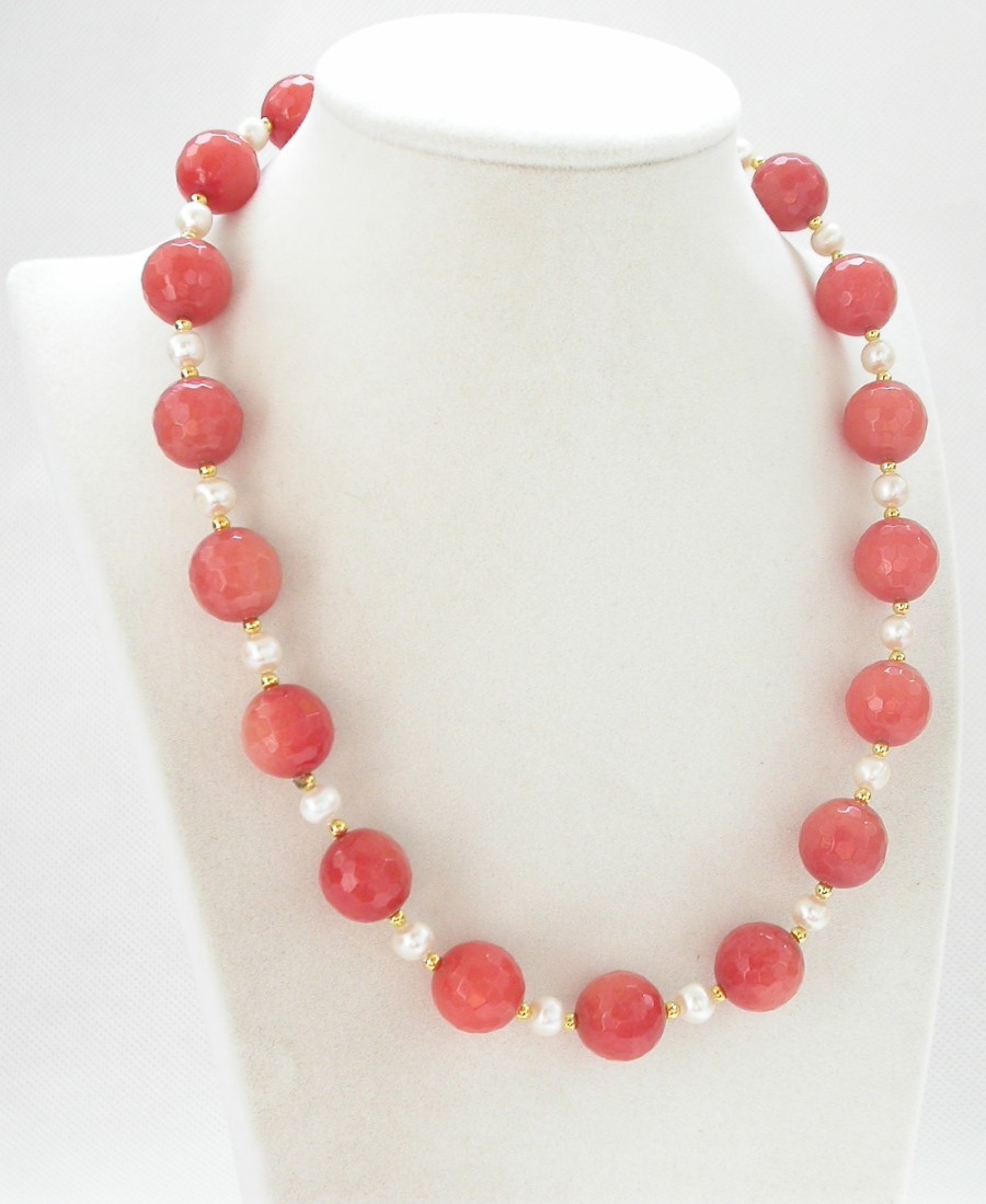 natural 18" 14mm round diced faceted orange pink jade white pearls necklace c1435