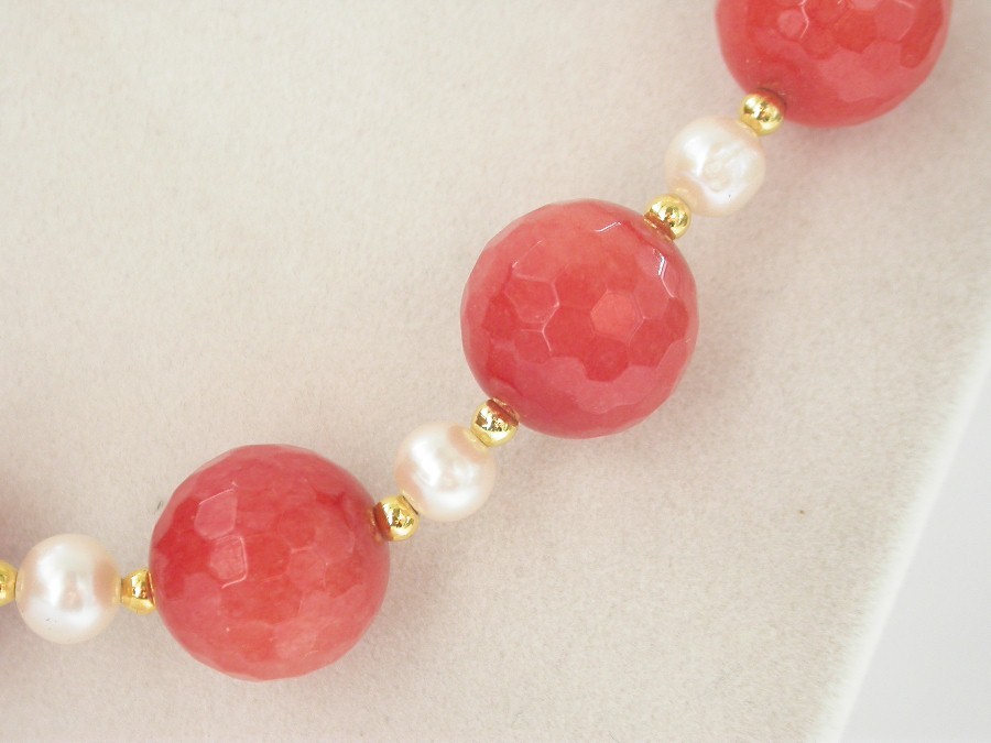 natural 18" 14mm round diced faceted orange pink jade white pearls necklace c1435