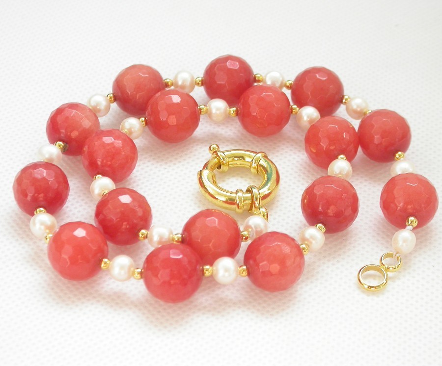 natural 18" 14mm round diced faceted orange pink jade white pearls necklace c1435