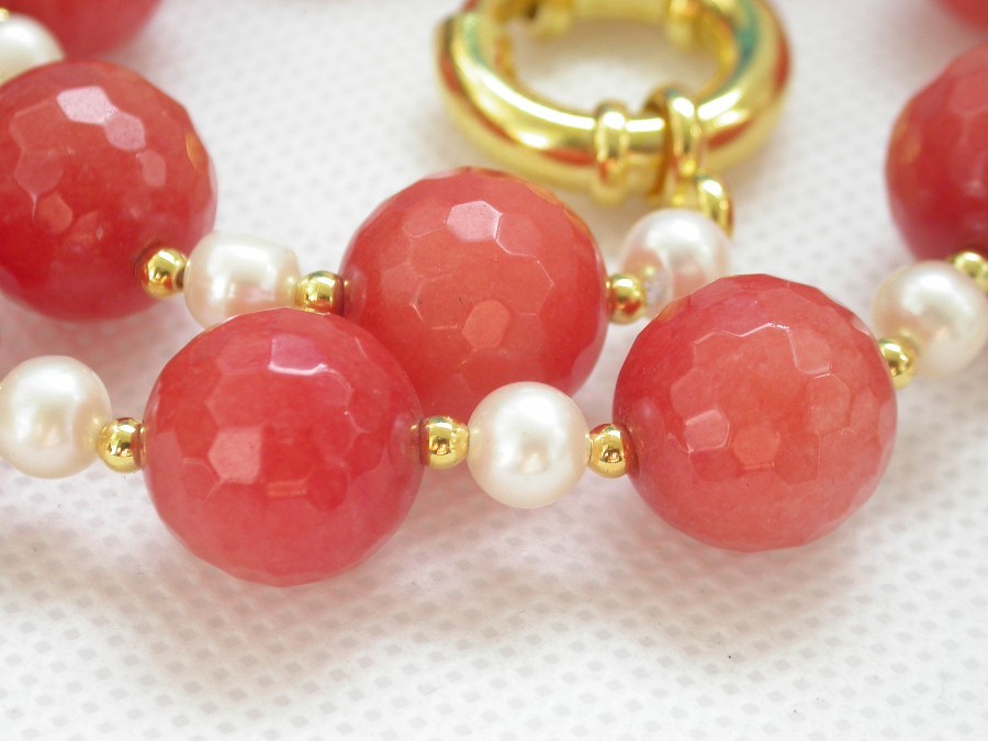 natural 18" 14mm round diced faceted orange pink jade white pearls necklace c1435