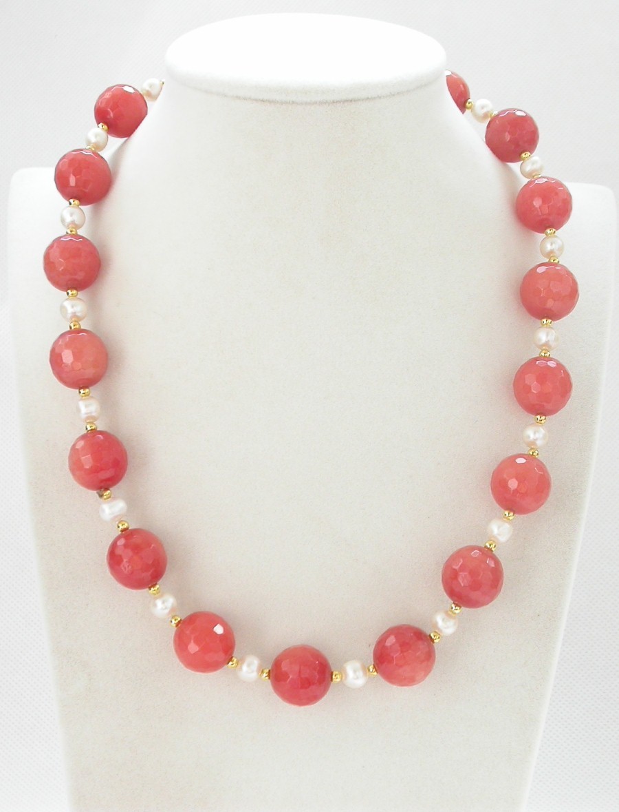 natural 18" 14mm round diced faceted orange pink jade white pearls necklace c1435