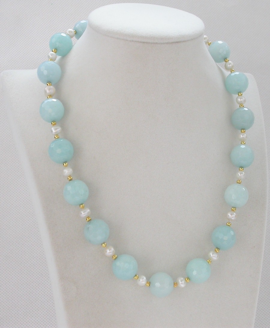 natural 18" 14mm round diced faceted light blue jade white pearls necklace c1437