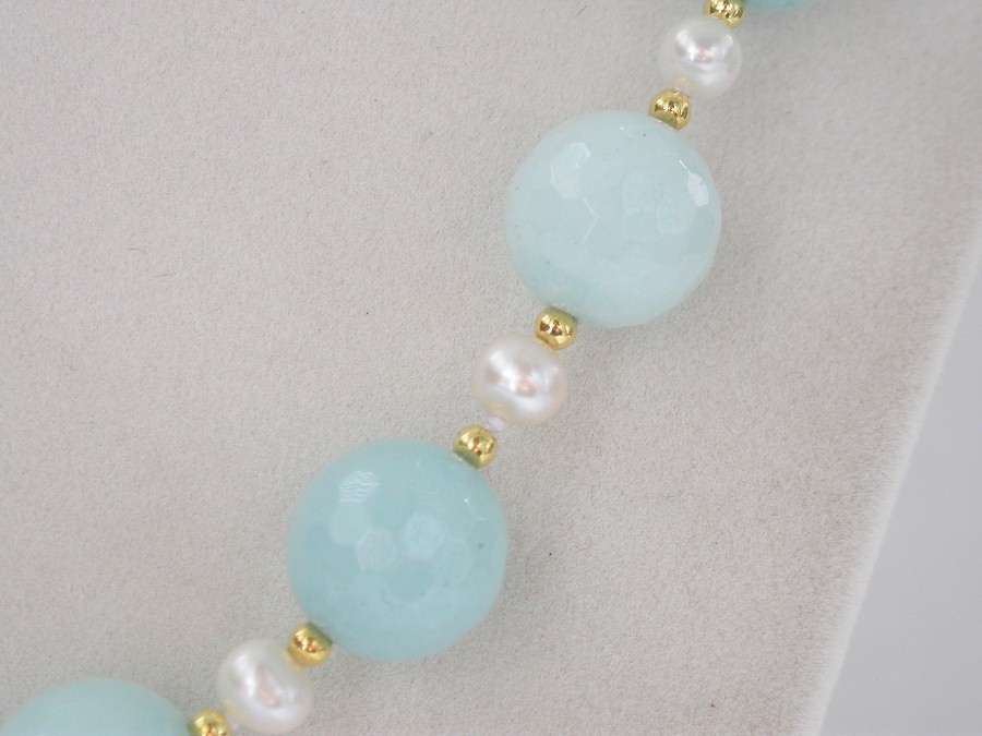 natural 18" 14mm round diced faceted light blue jade white pearls necklace c1437