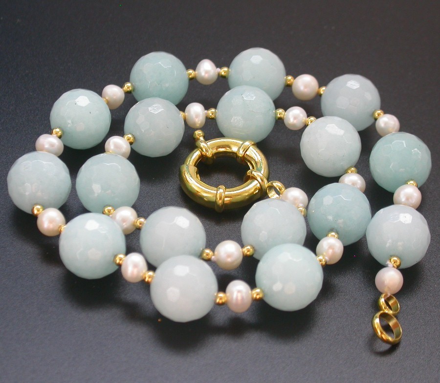 natural 18" 14mm round diced faceted light blue jade white pearls necklace c1437