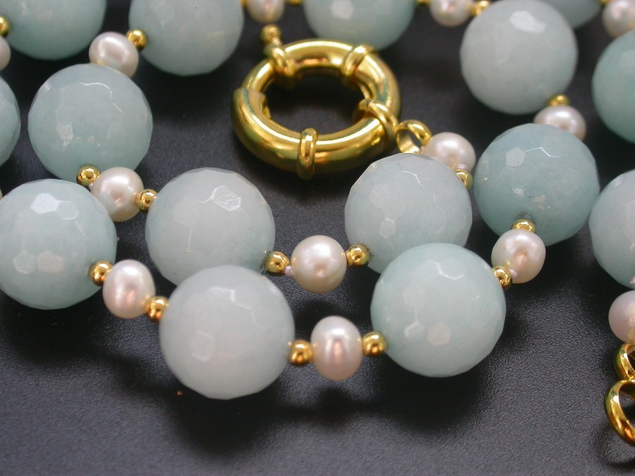 natural 18" 14mm round diced faceted light blue jade white pearls necklace c1437