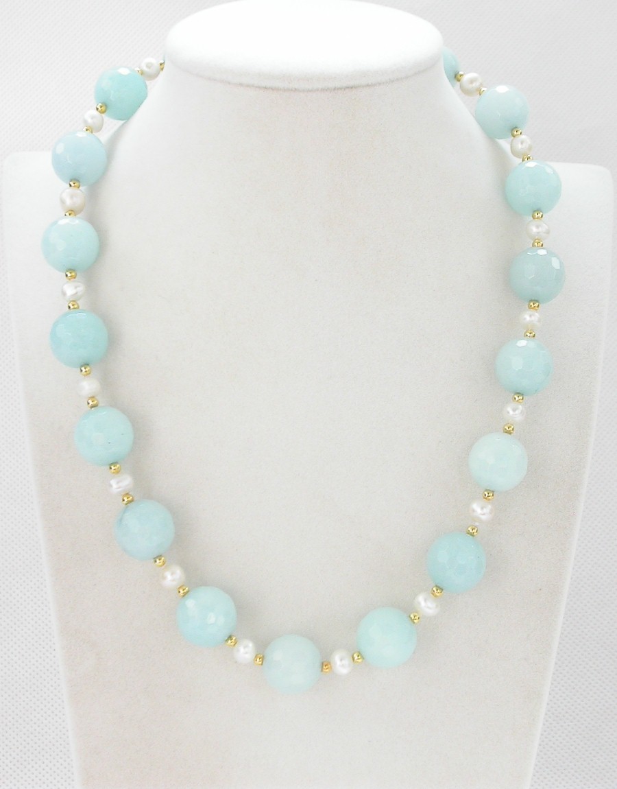 natural 18" 14mm round diced faceted light blue jade white pearls necklace c1437