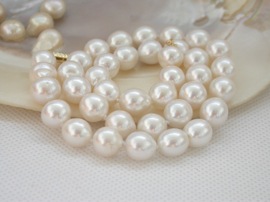 AAA natural 17" 11mm baroque white south sea pearls necklace 14KT gold c1441