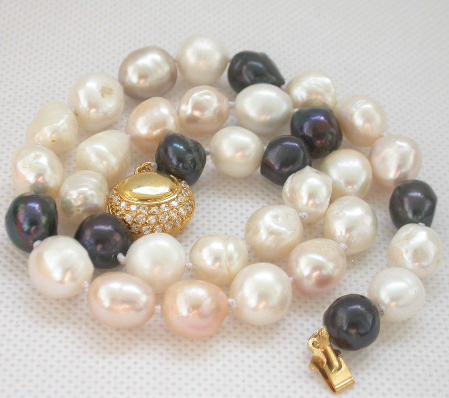 genuine 18" 13mm baroque Multicolor Freshwater pearls necklace filled gold clasp c1442