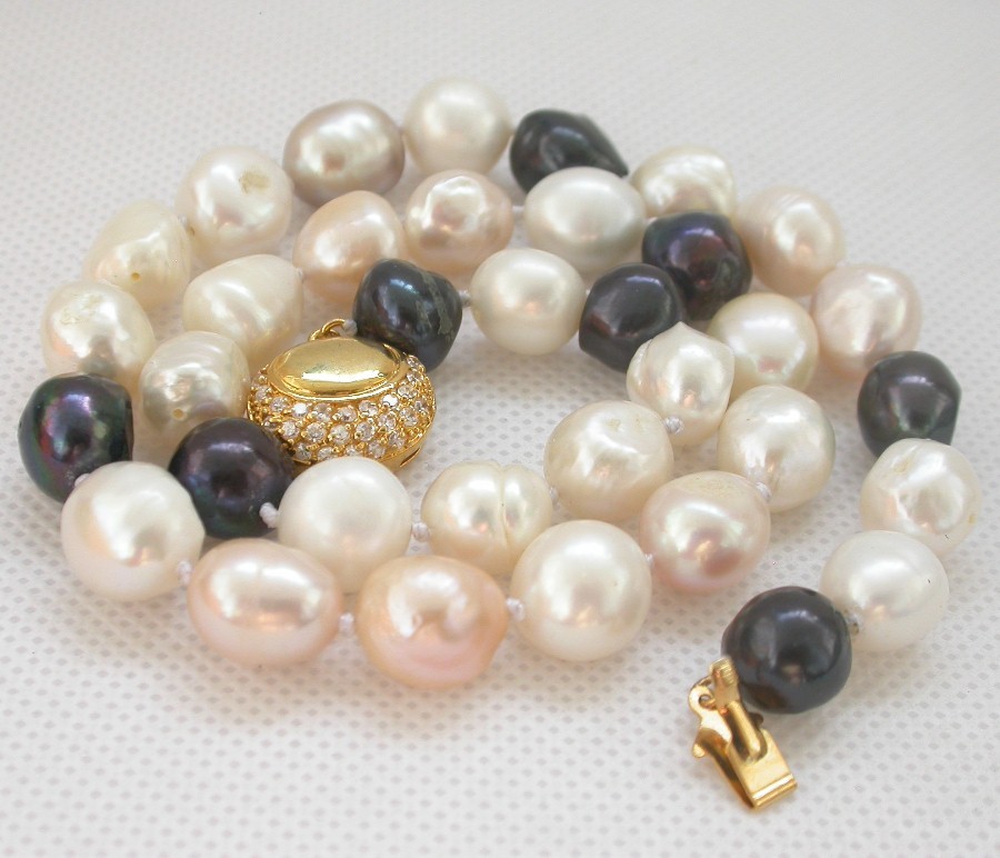 genuine 18" 13mm baroque Multicolor Freshwater pearls necklace filled gold clasp c1442