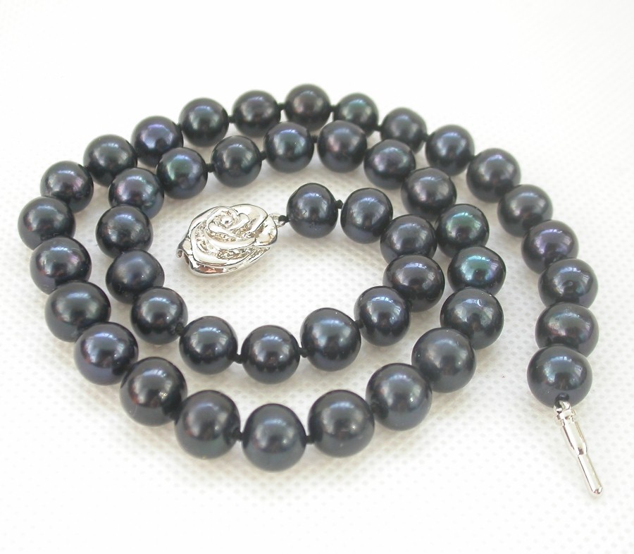 Genuine 17" 9mm round black Freshwater pearls beads necklace 18KGP clasp c1453