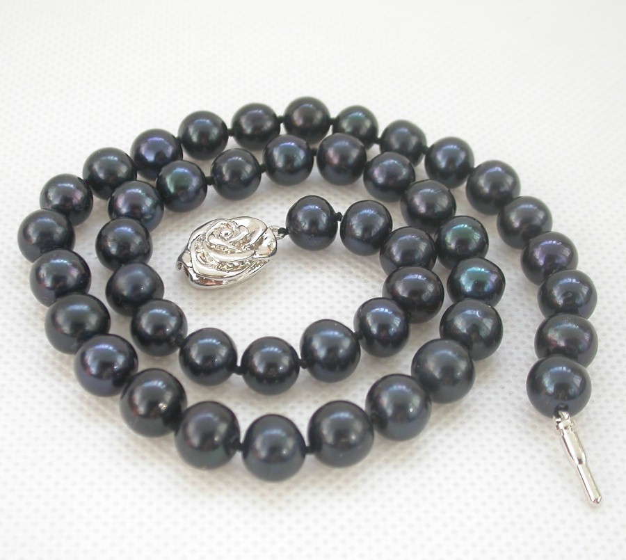 Genuine 17" 9mm round black Freshwater pearls beads necklace 18KGP clasp c1453