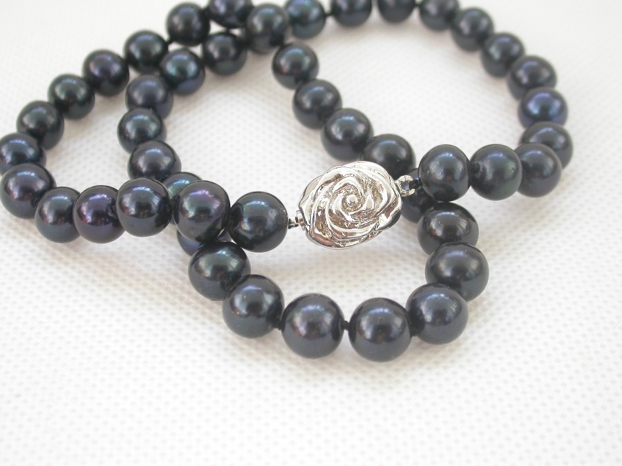 Genuine 17" 9mm round black Freshwater pearls beads necklace 18KGP clasp c1453