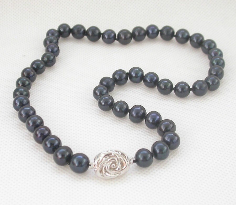 Genuine 17" 9mm round black Freshwater pearls beads necklace 18KGP clasp c1453