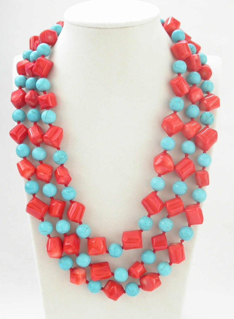natural Long 62" 12mm Baroque pink coral blue turquoise necklace c1460