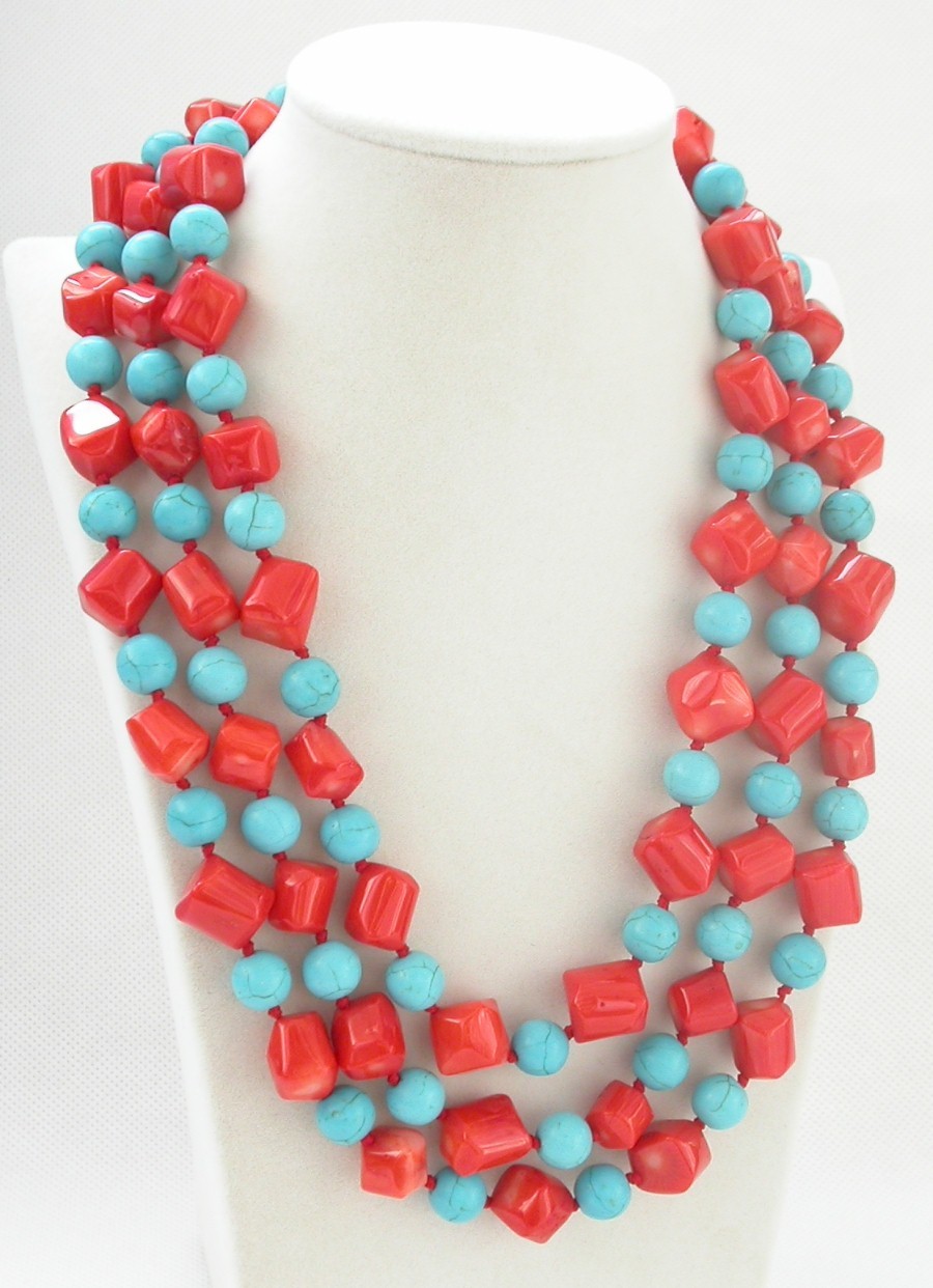 natural Long 62" 12mm Baroque pink coral blue turquoise necklace c1460