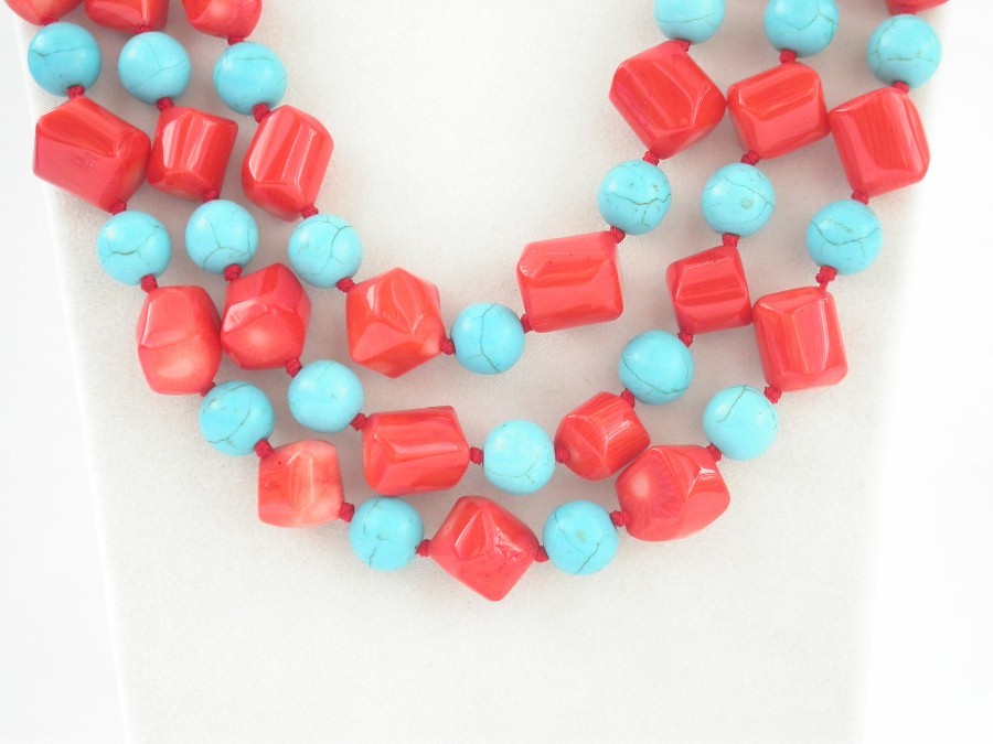 natural Long 62" 12mm Baroque pink coral blue turquoise necklace c1460