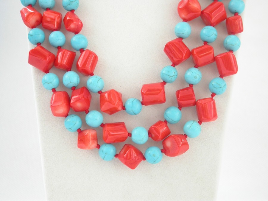 natural Long 62" 12mm Baroque pink coral blue turquoise necklace c1460