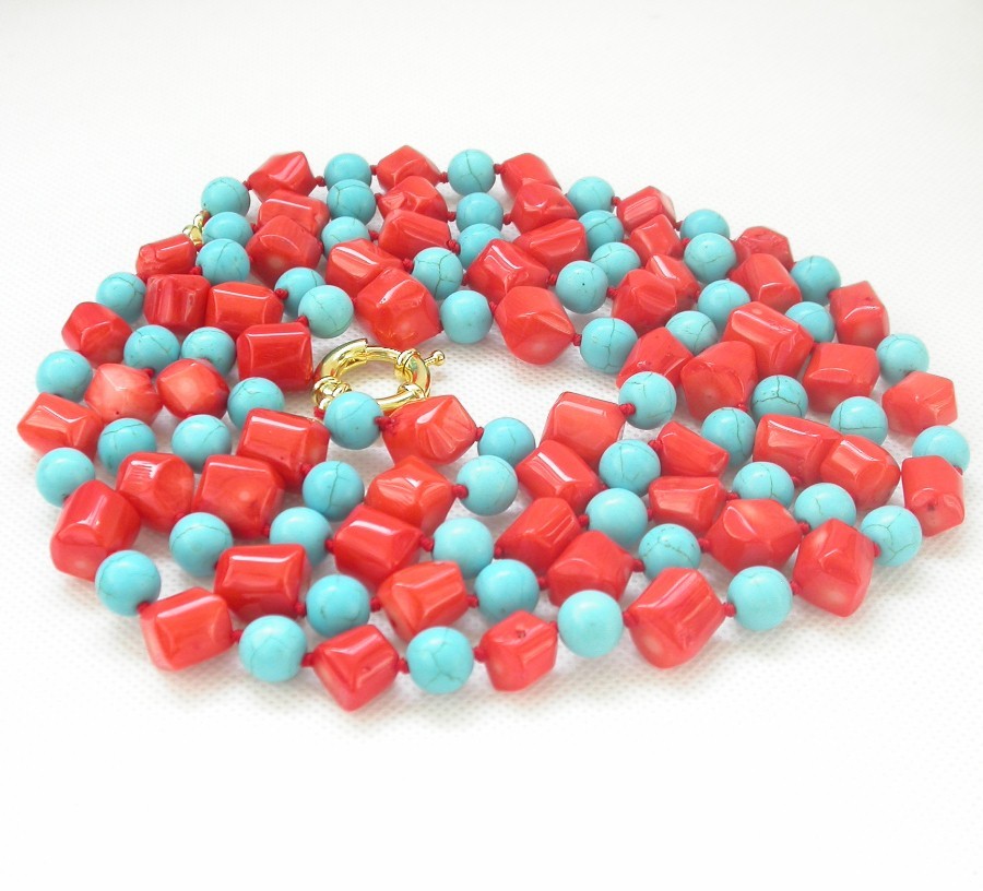 natural Long 62" 12mm Baroque pink coral blue turquoise necklace c1460