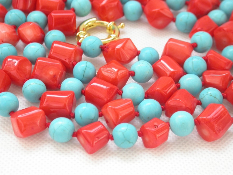 natural Long 62" 12mm Baroque pink coral blue turquoise necklace c1460