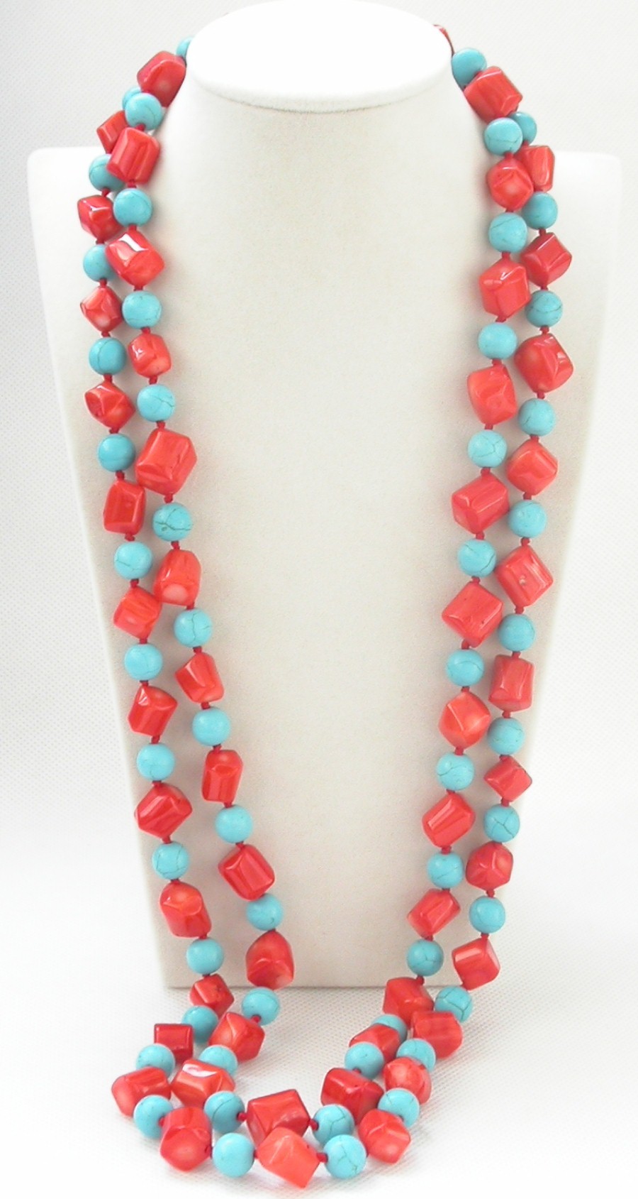 natural Long 62" 12mm Baroque pink coral blue turquoise necklace c1460