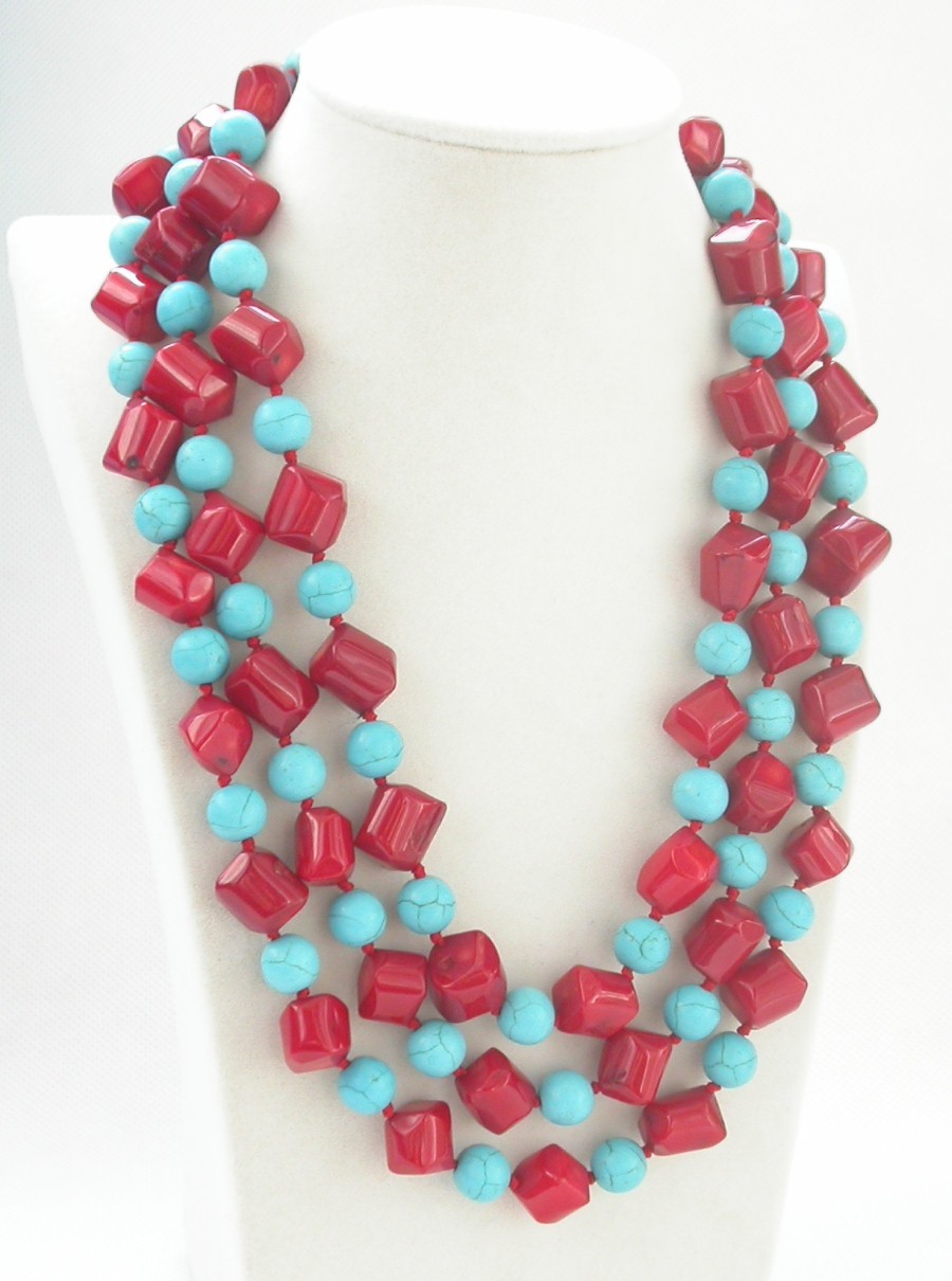 natural Long 62" 12mm Baroque pink coral blue turquoise necklace c1461