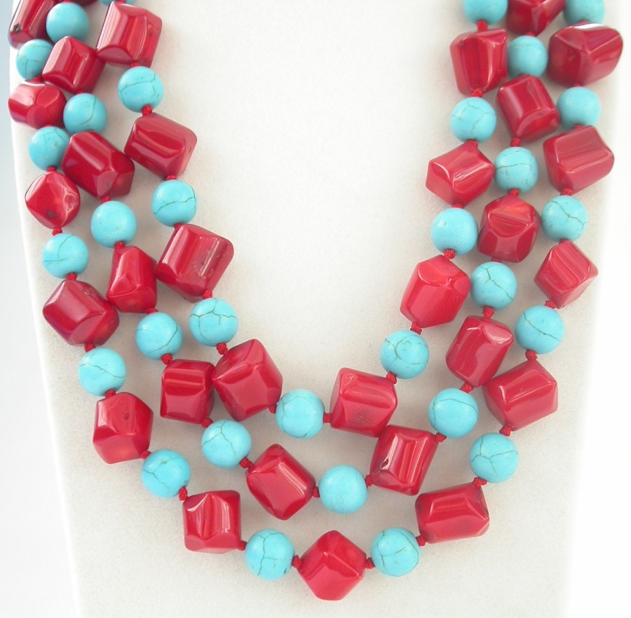 natural Long 62" 12mm Baroque pink coral blue turquoise necklace c1461