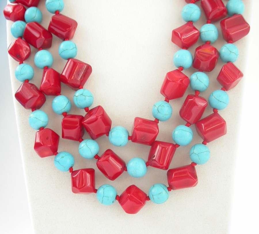 natural Long 62" 12mm Baroque pink coral blue turquoise necklace c1461