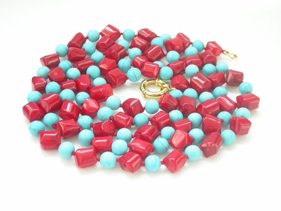 natural Long 62" 12mm Baroque pink coral blue turquoise necklace c1461