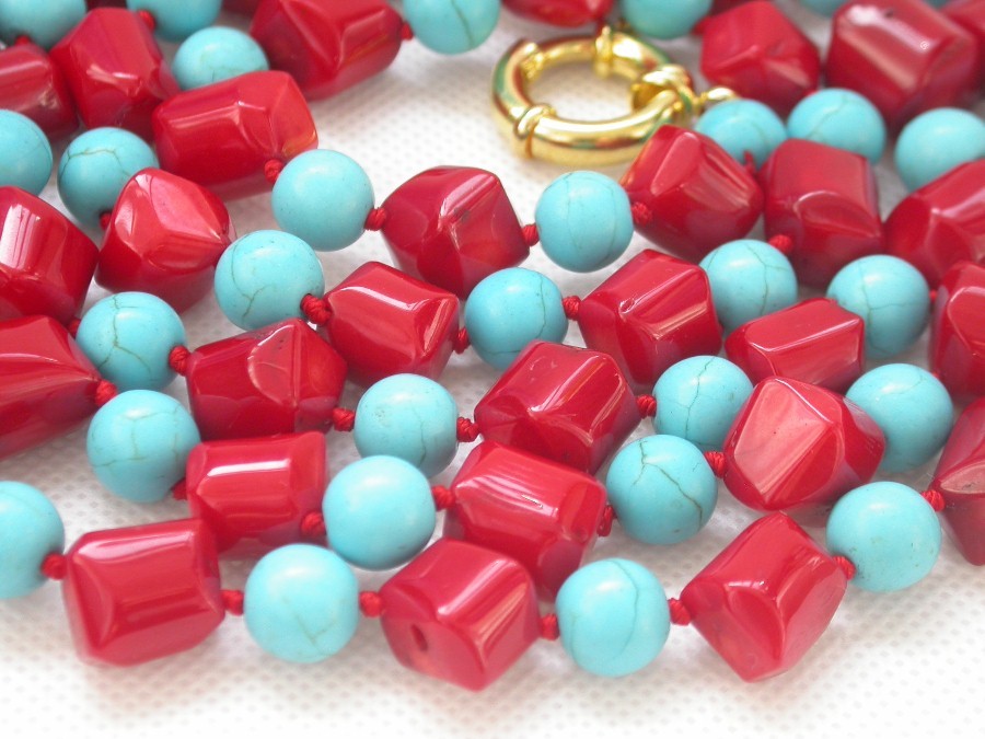 natural Long 62" 12mm Baroque pink coral blue turquoise necklace c1461
