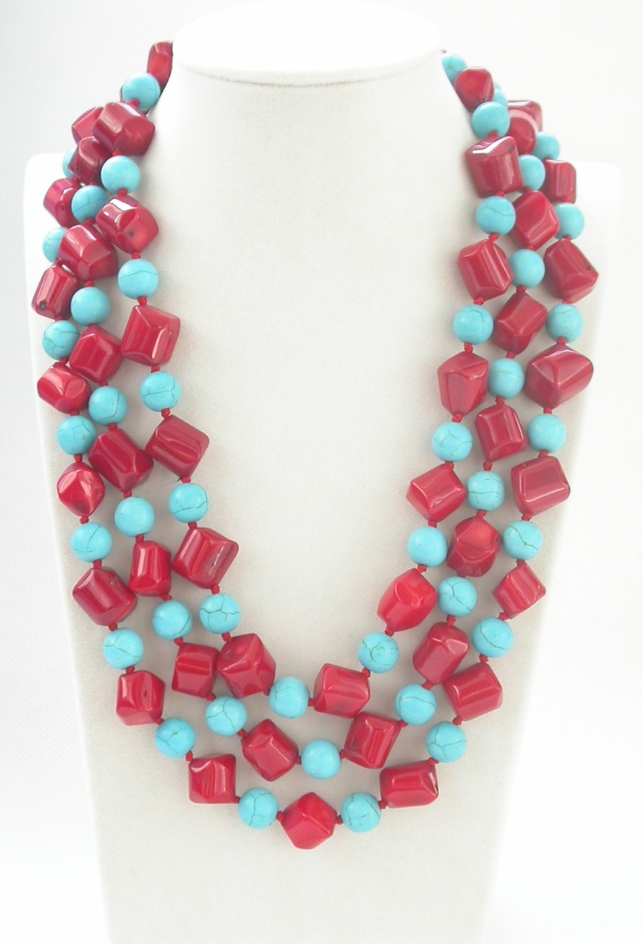 natural Long 62" 12mm Baroque pink coral blue turquoise necklace c1461