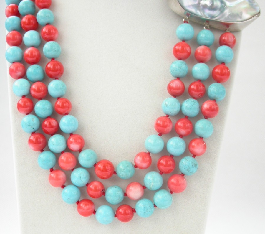 Long 19"-22" 3row 10mm round pink coral turquoise necklace mabe pearls 925sc