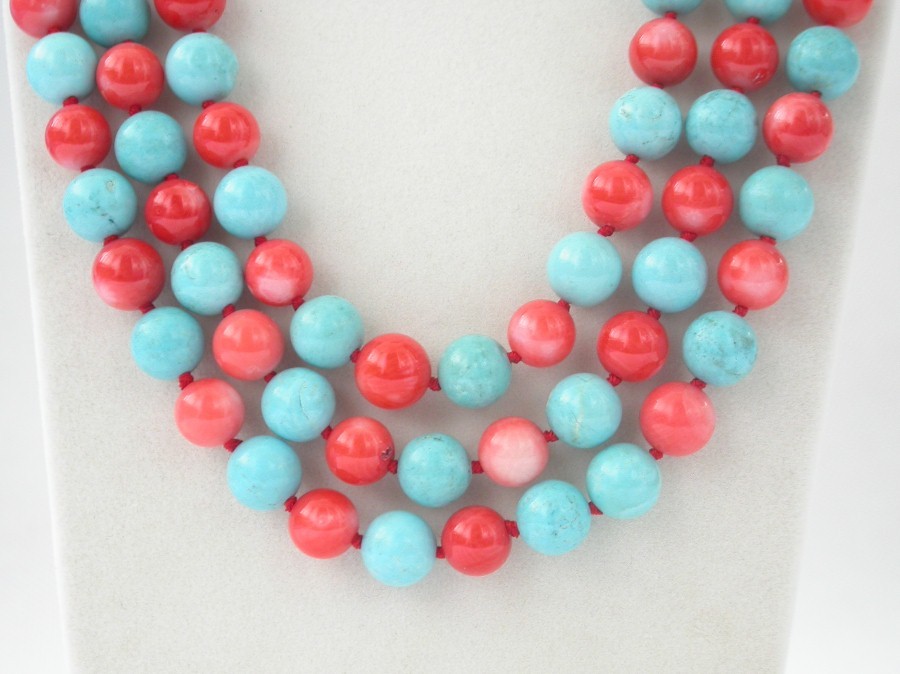 Long 19"-22" 3row 10mm round pink coral turquoise necklace mabe pearls 925sc