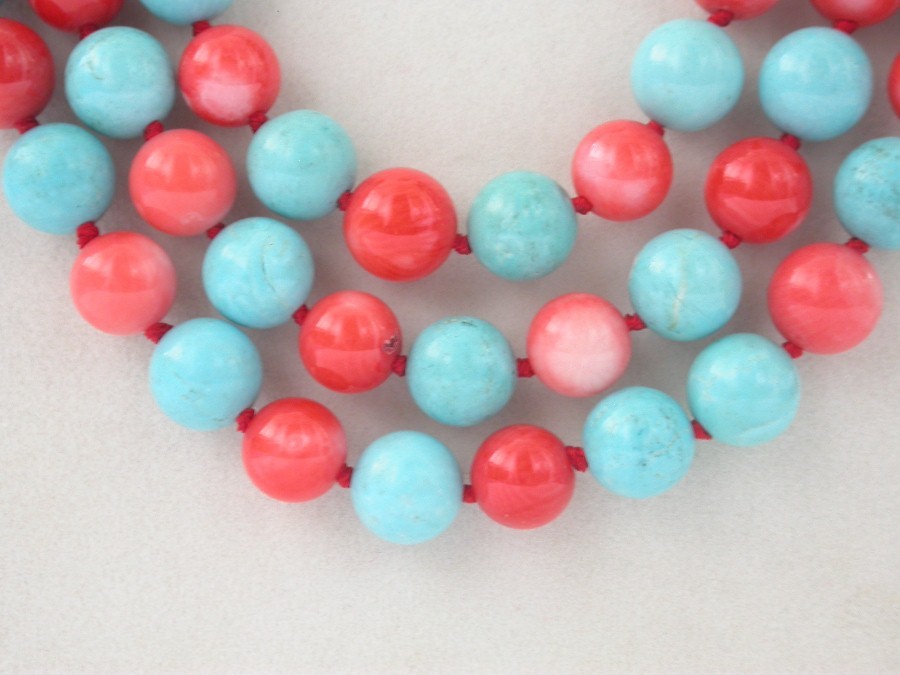 Long 19"-22" 3row 10mm round pink coral turquoise necklace mabe pearls 925sc