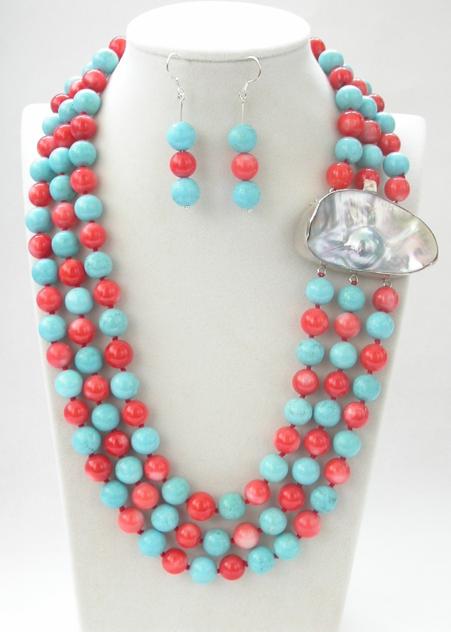 Long 19"-22" 3row 10mm round pink coral turquoise necklace mabe pearls 925sc