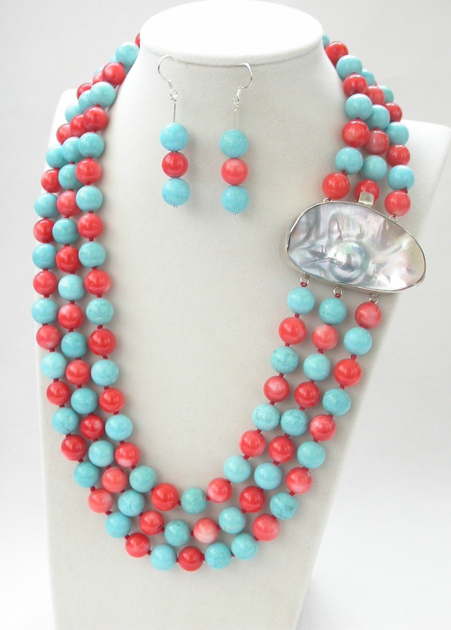 Long 19"-22" 3row 10mm round pink coral turquoise necklace mabe pearls 925sc