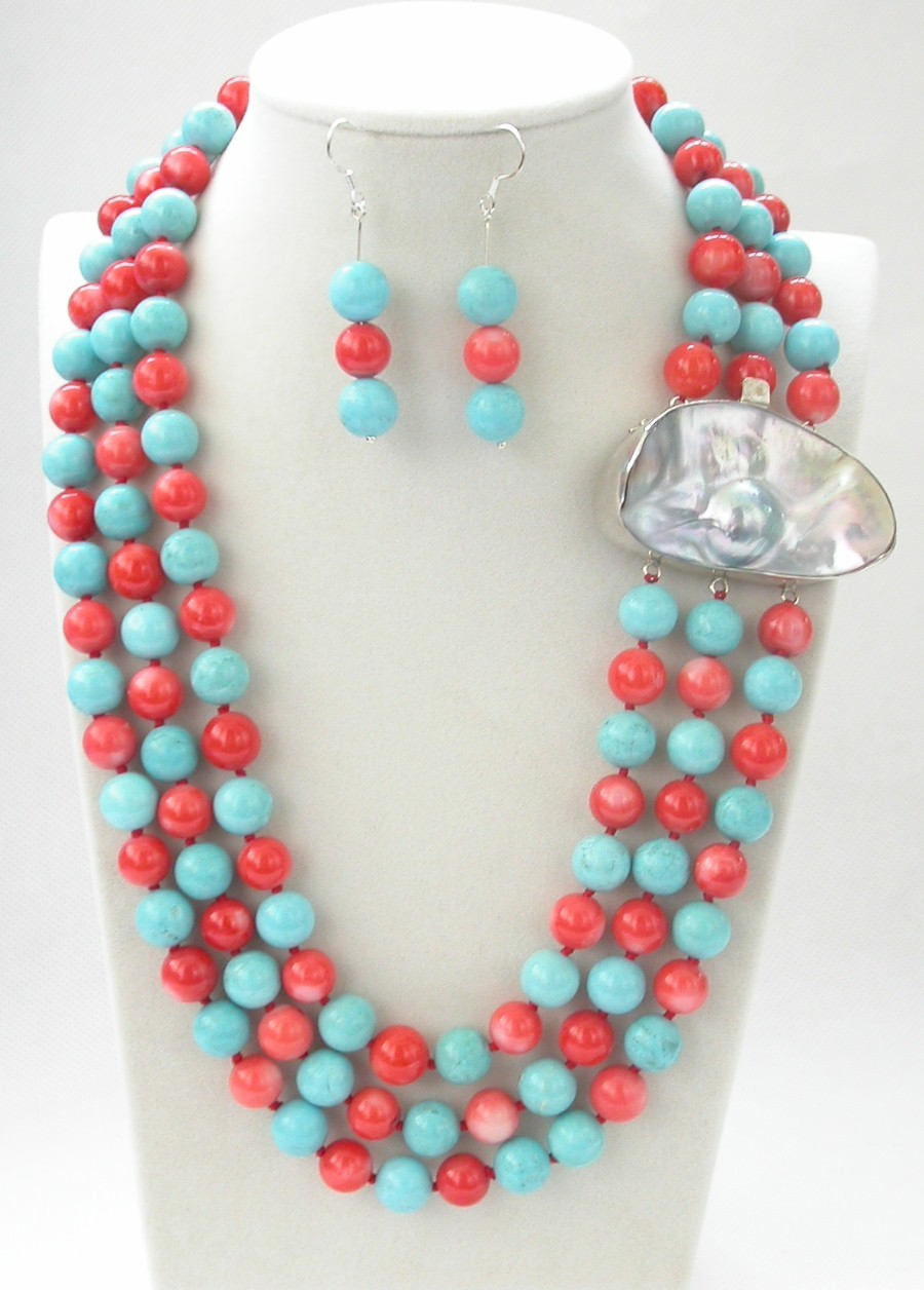 Long 19"-22" 3row 10mm round pink coral turquoise necklace mabe pearls 925sc