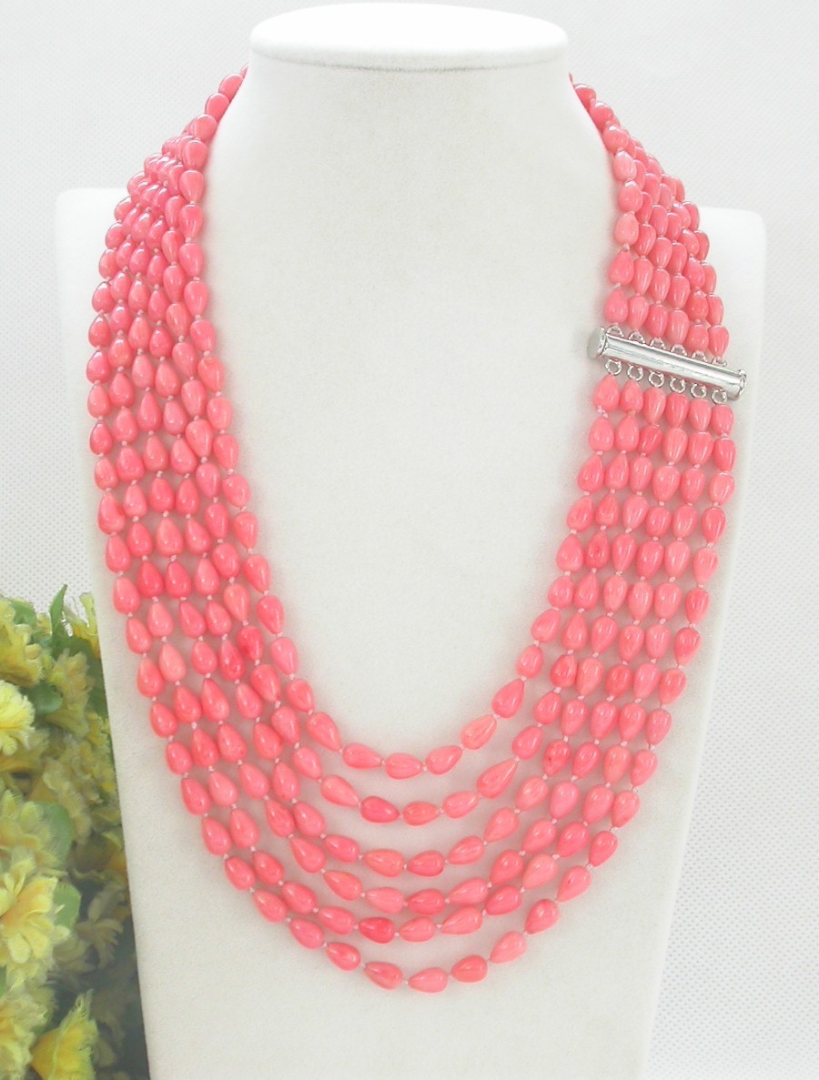 AAA natural 18"-23" 6row 8mm drip pink coral beads necklace magnet clasp c1463