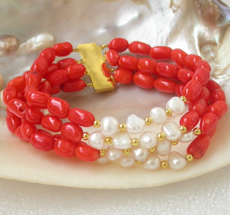 natural 8" 4row Baroque rice pink red coral white pearls bracelet 14K/20 clasp c1493
