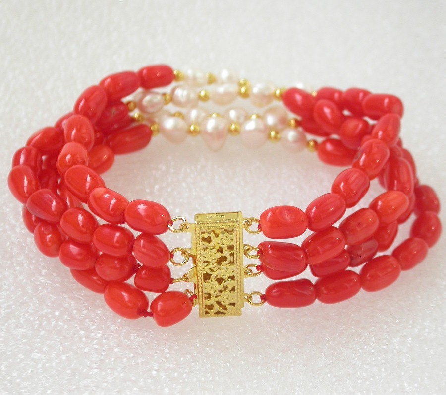 natural 8" 4row Baroque rice pink red coral white pearls bracelet 14K/20 clasp c1493