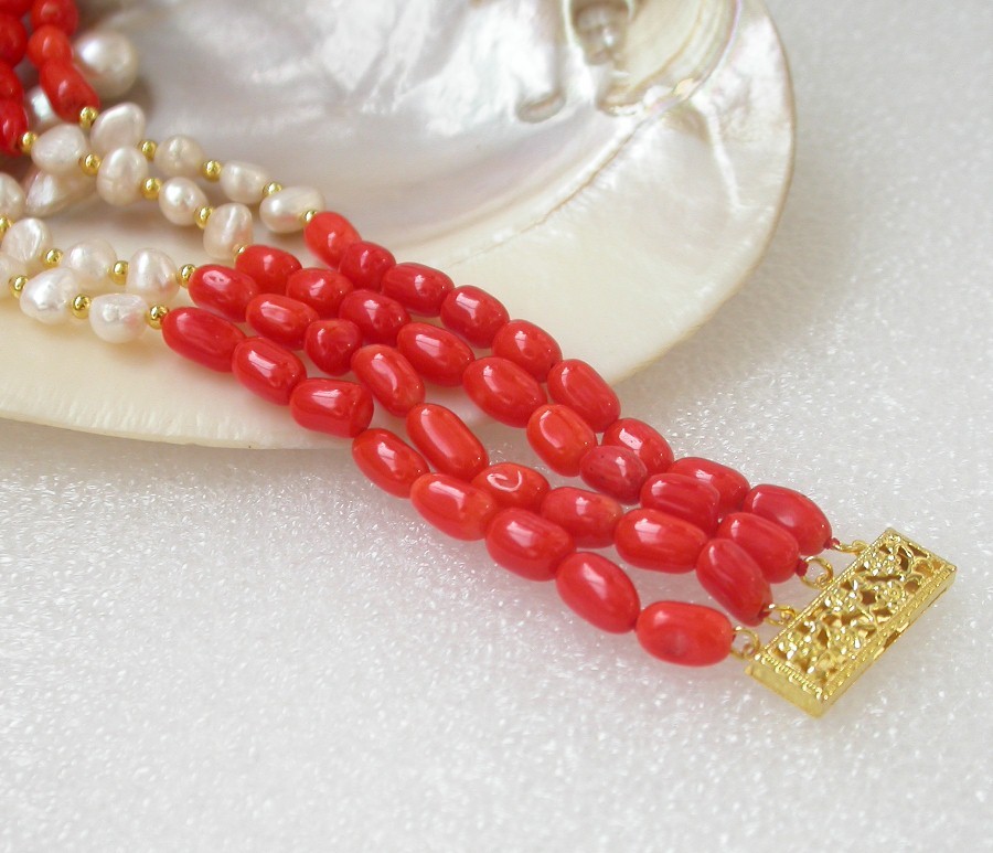 natural 8" 4row Baroque rice pink red coral white pearls bracelet 14K/20 clasp c1493