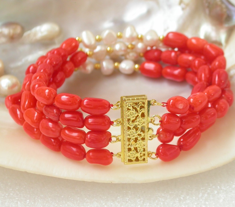 natural 8" 4row Baroque rice pink red coral white pearls bracelet 14K/20 clasp c1493