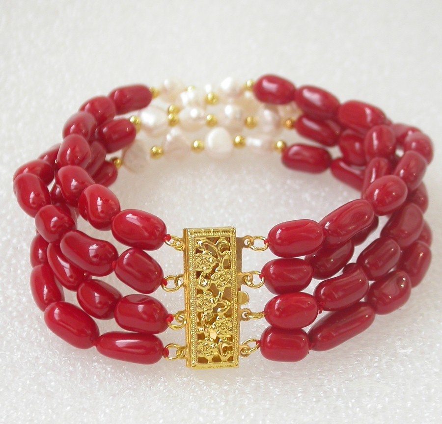 natural 8" 4row Baroque rice pink red coral white pearls bracelet 14K/20 clasp c1493