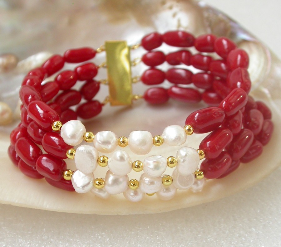 natural 8" 4row Baroque rice pink red coral white pearls bracelet 14K/20 clasp c1493